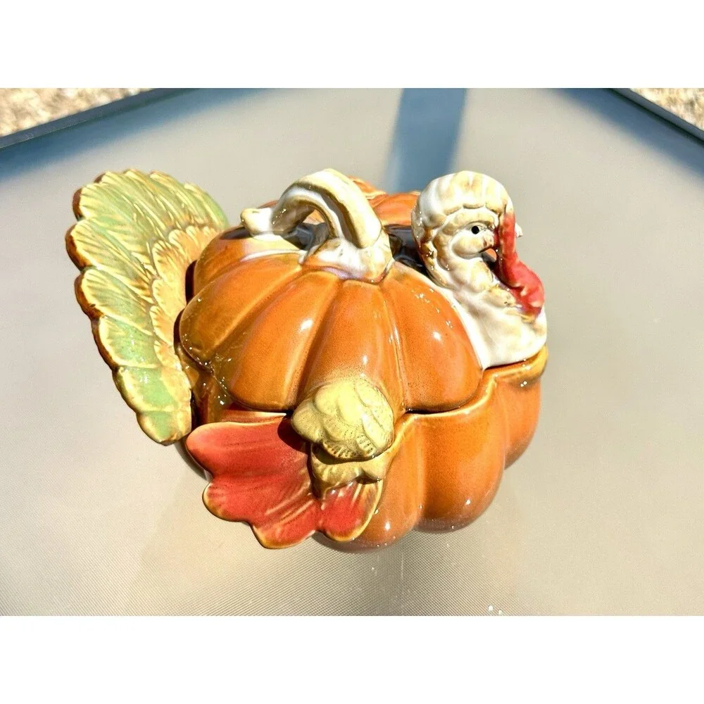 Ceramic Pumpkin Turkey Container w Lid Thanksgiving Orange Brown Holiday Dish